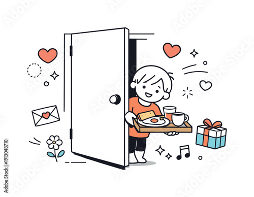  Sunny morning surprise. Scene with a slightly ajar bedroom door and a child peeking in with a breakfast tray, soft floating decorative shapes