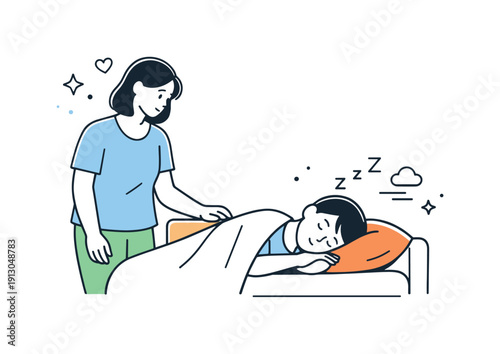 Caregiver emotions. A person standing nearby with a gentle, concerned posture while another rests, conveying quiet worry and devotion.