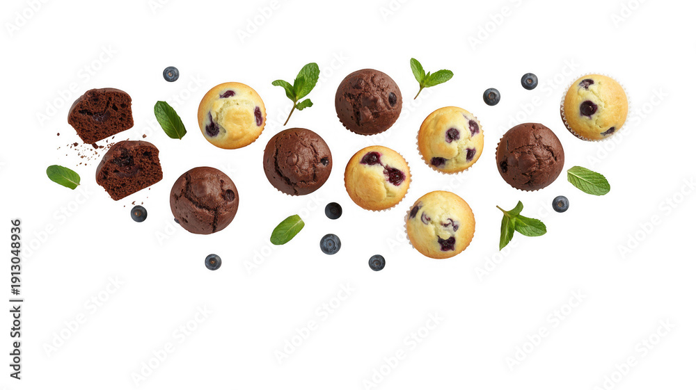 Obraz premium Assorted Muffins and Blueberries with Leaves chocolate yellow isolated on a transparent background