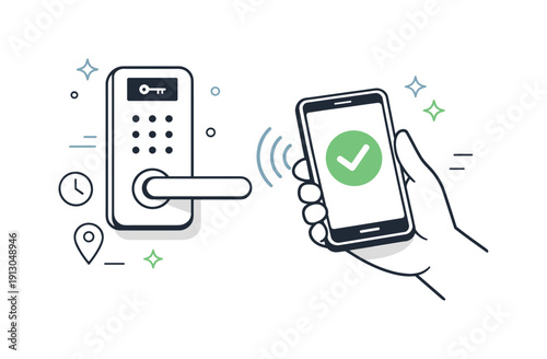 Mobile access control. Hand holding a phone near a smart door lock, gentle signal waves showing connection. Feeling of convenience and
