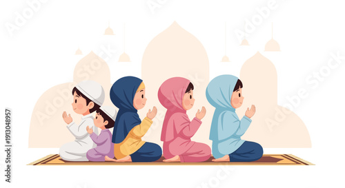 Group of cute Muslim children praying together on mat with mosque background