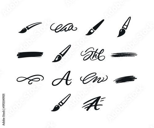 Brush Calligraphy Icons. Brush Calligraphy. Line icon set of Brush Calligraphy: brush pen stroke, brush lettering word, angled stroke, inked brush tip, broad