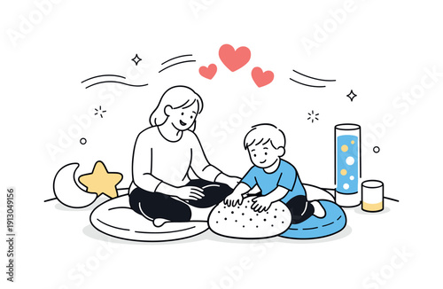   Parent and child in sensory retreat. A caregiver and child engaging with tactile cushions and low-light elements in a quiet corner, floating
