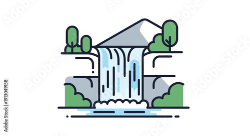 Waterfall pouring down rocky cliffside landscape.