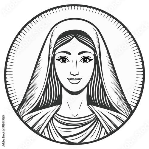 Woman with Hooded Headscarf in Circular Icon Portrait Illustration