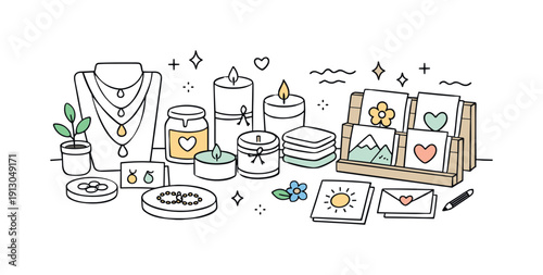    Spring holiday local craft fairs. Table display with handmade jewelry, candles, and paper goods, neatly arranged items and natural materials,