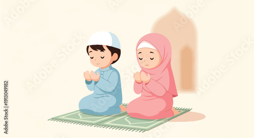 Muslim boy and girl praying on prayer mat, cute Islamic cartoon illustration for Ramadan and Eid