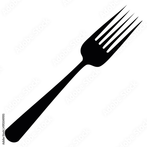 Black silhouette of a dinner fork angled diagonally a simple kitchen utensil graphic icon