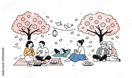Hanami celebration. People sitting under blooming cherry blossom trees, enjoying a calm moment of seasonal beauty. Falling petals and relaxed