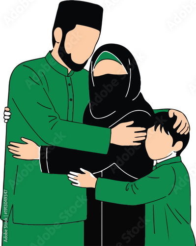 Happy Muslim family hugging together vector illustration of father mother and son in Islamic traditional green and black dress