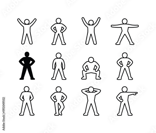    Power posing techniques. Line icon set of Power posing techniques: victory pose, superhero stance, arms raised, wide arm stance, strong