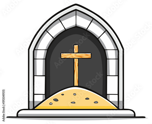 Cartoon illustration of a stone archway with a wooden cross, religious symbol