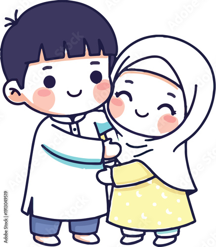 Cute Muslim siblings hugging each other Flat vector illustration of a happy little boy and a girl in hijab expressing love and affection