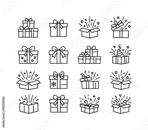  Festive surprise boxes. Line icon set of Festive surprise boxes: stacked gift boxes, ribboned present, open celebration box, festive lid pop,
