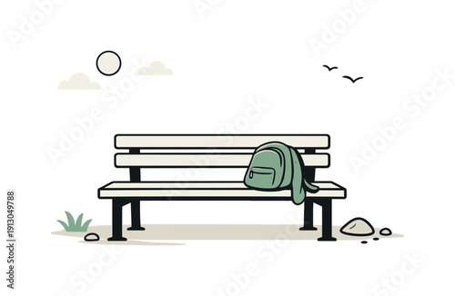 Forgotten Bench Scene. Traces of human presence. An outdoor bench holds a forgotten bag or jacket, with still surroundings emphasizing pause and departure. The
