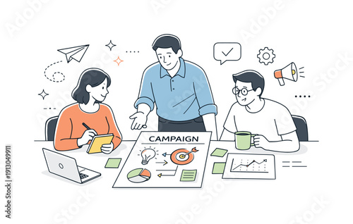 Marketing campaigns. A calm editorial scene showing a small team planning a campaign around a table, reviewing ideas, charts, and notes.