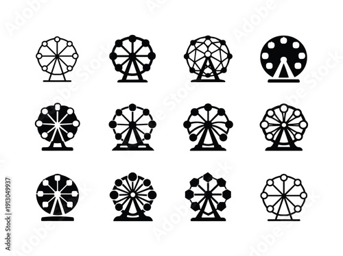 Carnival Ride Icons. Carnival rides. Icon set. Set Logo of carnival rides: ferris wheel. harmonious logo variations of the same emblematic concept, each with
