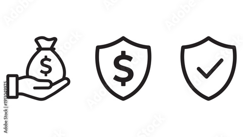 Financial security and protection line icons set, featuring money bag in hand, dollar shield, and verified protection symbols.
