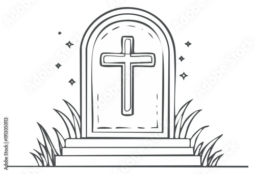 Tombstone with Cross Outline Illustration of Grave in Cemetery