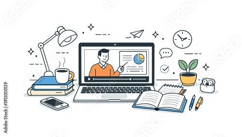 Study from home concepts. Laptop screen showing a video lecture with study materials arranged nearby. Digital education and modern learning