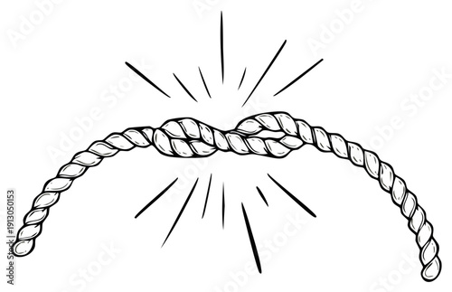 Hand drawn rope tied in a tight knot straining under extreme pressure and tension