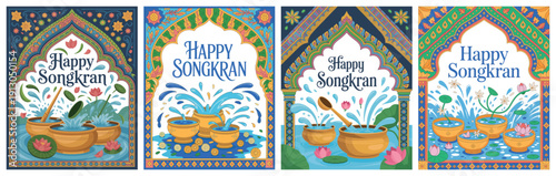 Happy Songkran Festival Greetings with Traditional Water Bowls and Intricate Designs