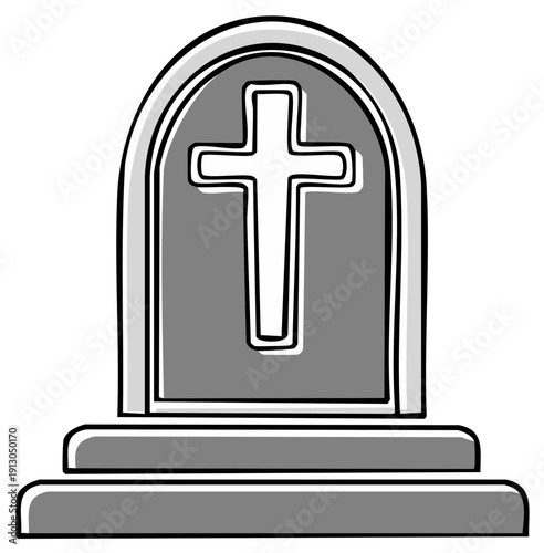 Simple Cartoon Grave Stone, Headstone with Cross, Grey Memorial Marker Illustration