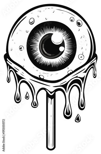 Creepy eye lollipop illustration in black and white, dripping design
