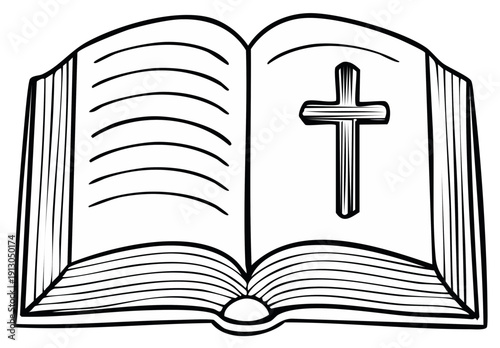 Open Book with Cross Symbol, Black and White Illustration
