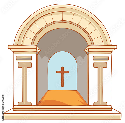 Cartoon Stone Archway Leads to Cross in Distance Religious Scene