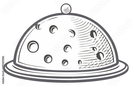 Iconic cheese cloche or dome illustration featuring distinctive Swiss cheese like holes and a platter