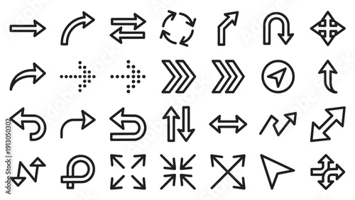 Diverse arrow icons set. Vector line art symbols representing direction, navigation, movement, and UI controls for digital design.