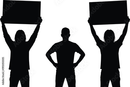 Protesters holding blank banners silhouette set, people demonstrating with empty placards social activism protest concept illustration