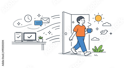 Work-life outdoor boundary. A person stepping outside with a cup of tea or coffee after finishing remote work, abstract motion lines and