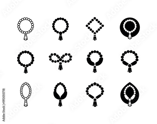 Prayer Beads. Icon set. Set Logo of Prayer Beads: Buddhist mala. harmonious logo variations of the same emblematic concept (Minimal outline,