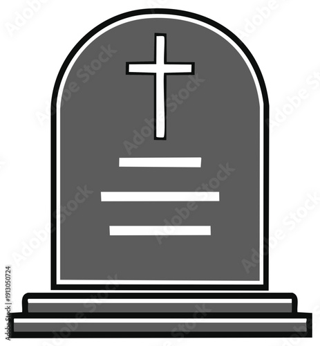 Simple gray gravestone with cross and three lines on top of a base memorial headstone