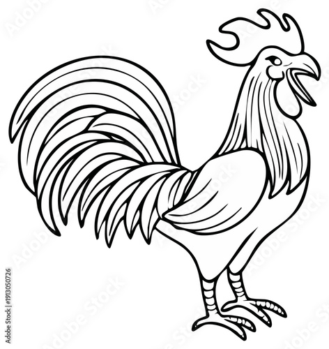 Black and White Rooster Illustration, Farm Bird Artwork, Roosters Graphic, Poultry Sketch, Animal Design, Crowing Cock