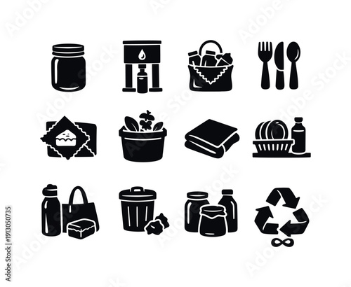 Zero waste living. Solid icon set of Zero waste living: zero waste jar, refill container, bulk shopping, reusable cutlery, beeswax wrap,