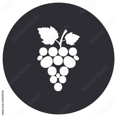 White grape cluster icon with leaves on dark circle background