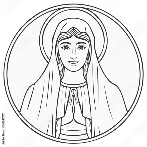 Religious illustration of a praying woman inside a circular frame
