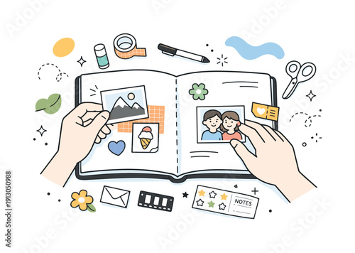 Scrapbooking process. Hands arranging photos, stickers, and paper pieces on an open journal page. Calm creative atmosphere with gentle