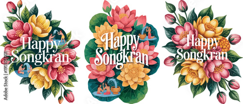 Happy Songkran Festival Greeting with Floral Arrangement and Bright Typography