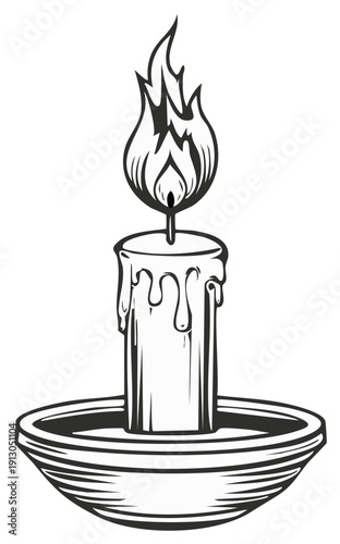 Vintage Candlelight Illustration with Dripping Wax and Flame in Ornamental Holder