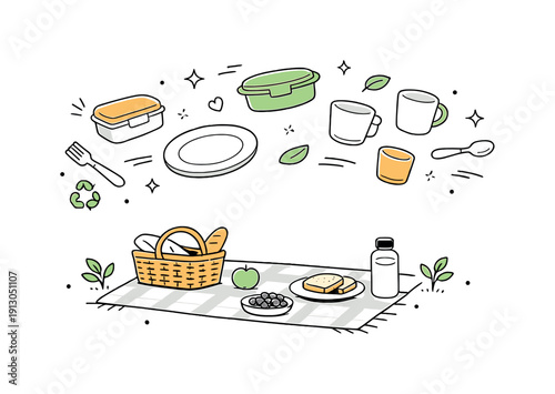    Reusable dishes for outdoor meals. Plates, cups and containers gently floating around a picnic setup, emphasizing lightness and reusability.