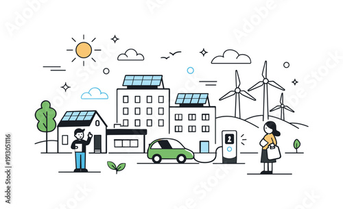 Renewable energy adoption. A calm city landscape with solar panels on rooftops and wind turbines in the distance, clean and optimistic. The