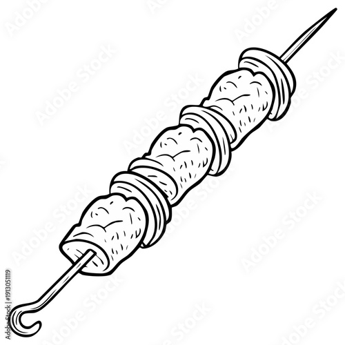Hand-drawn black and white illustration of a single meat skewer with onion rings