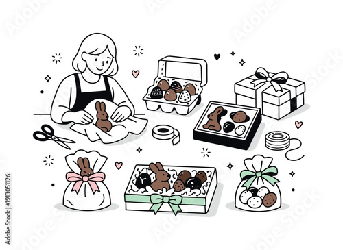 Easter chocolate packaging scene. Finished chocolates being gently wrapped in soft paper or placed in reusable boxes, ready to gift or share.