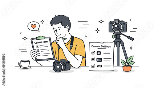 Ethical photography behind the camera. A calm scene of a photographer checking consent notes and settings before shooting, showing respect