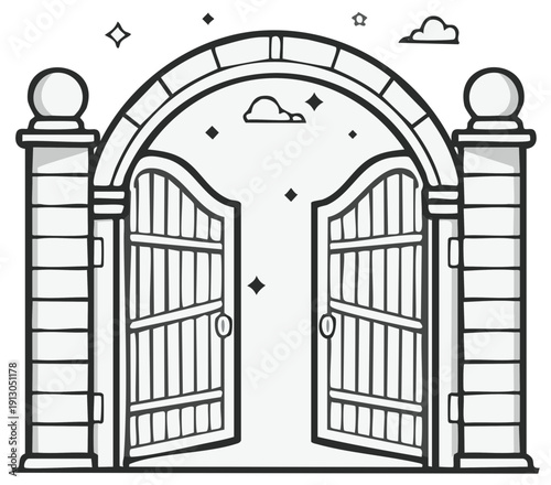 Open Stone Gate Illustration with Stars and Clouds, Entrance to Fantasy World
