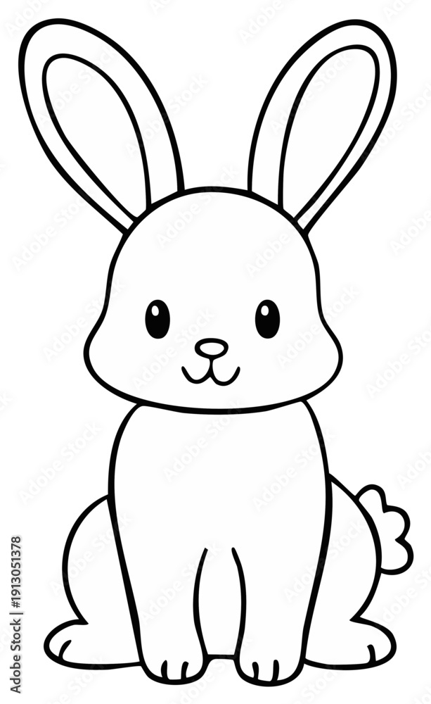 Fototapeta premium Simple Outline of a Cute Sitting Bunny Rabbit with Big Ears and a Fluffy Tail